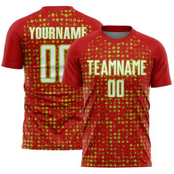 Custom Red White-Neon Green Digital Geometric Fragment Speckles Sublimation Soccer Uniform Jersey