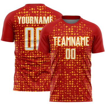 Custom Red White-Gold Digital Geometric Fragment Speckles Sublimation Soccer Uniform Jersey