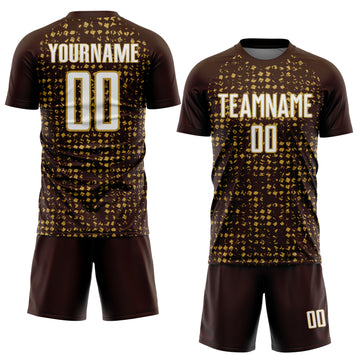 Custom Brown White-Old Gold Digital Geometric Fragment Speckles Sublimation Soccer Uniform Jersey