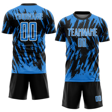 Custom Black Powder Blue-White Splatter Torn Sharp Brush Stroke Sublimation Soccer Uniform Jersey