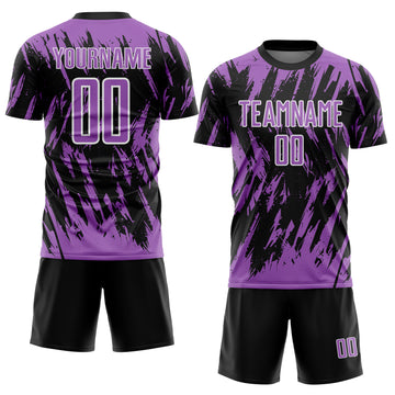 Custom Black Medium Purple-White Splatter Torn Sharp Brush Stroke Sublimation Soccer Uniform Jersey