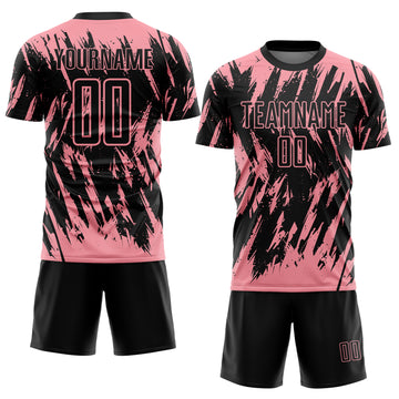 Custom Black-Medium Pink Splatter Torn Sharp Brush Stroke Sublimation Soccer Uniform Jersey