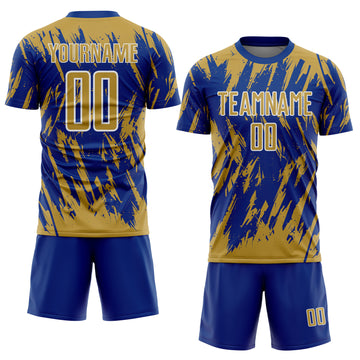 Custom Royal Old Gold-White Splatter Torn Sharp Brush Stroke Sublimation Soccer Uniform Jersey