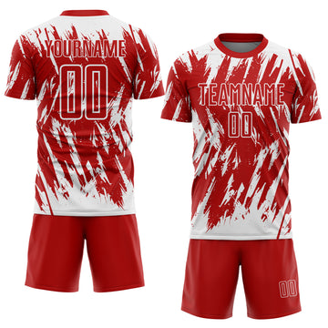 Custom Red-White Splatter Torn Sharp Brush Stroke Sublimation Soccer Uniform Jersey