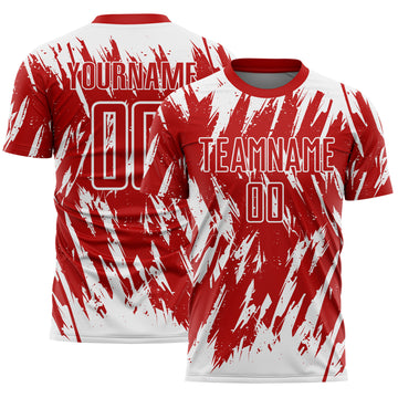 Custom Red-White Splatter Torn Sharp Brush Stroke Sublimation Soccer Uniform Jersey