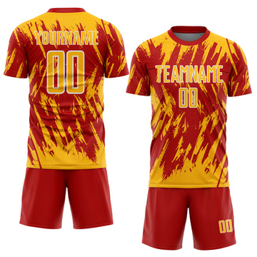 Custom Red Gold-White Splatter Torn Sharp Brush Stroke Sublimation Soccer Uniform Jersey