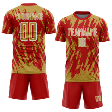 Custom Red Old Gold-White Splatter Torn Sharp Brush Stroke Sublimation Soccer Uniform Jersey