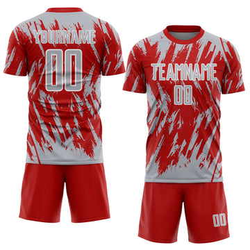Custom Red Gray-White Splatter Torn Sharp Brush Stroke Sublimation Soccer Uniform Jersey