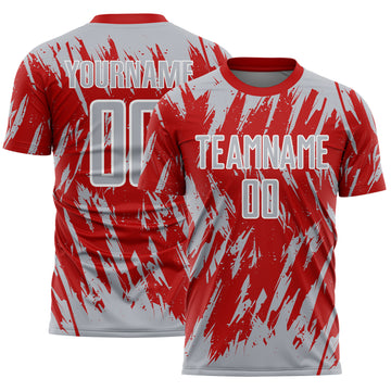 Custom Red Gray-White Splatter Torn Sharp Brush Stroke Sublimation Soccer Uniform Jersey
