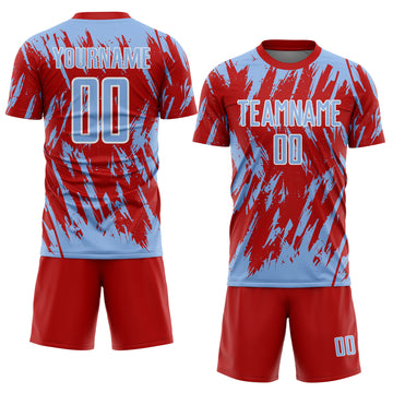 Custom Red Light Blue-White Splatter Torn Sharp Brush Stroke Sublimation Soccer Uniform Jersey