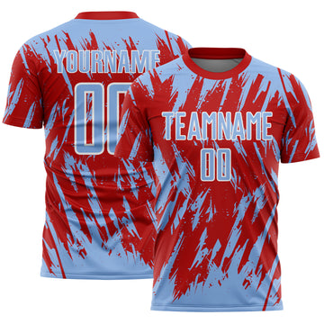 Custom Red Light Blue-White Splatter Torn Sharp Brush Stroke Sublimation Soccer Uniform Jersey