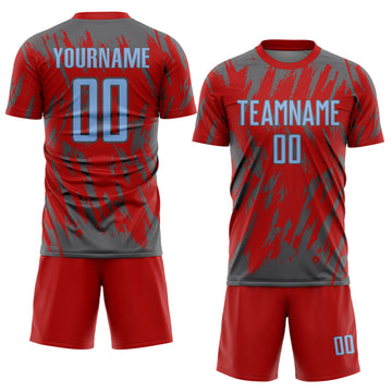 Custom Red Light Blue-Steel Gray Splatter Torn Sharp Brush Stroke Sublimation Soccer Uniform Jersey