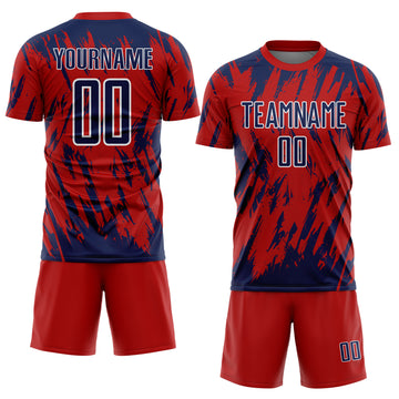 Custom Red Navy-White Splatter Torn Sharp Brush Stroke Sublimation Soccer Uniform Jersey