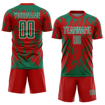 Custom Red Kelly Green-White Splatter Torn Sharp Brush Stroke Sublimation Soccer Uniform Jersey