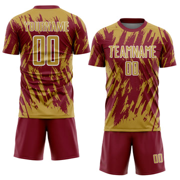 Custom Crimson Old Gold-White Splatter Torn Sharp Brush Stroke Sublimation Soccer Uniform Jersey