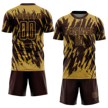 Custom Brown-Old Gold Splatter Torn Sharp Brush Stroke Sublimation Soccer Uniform Jersey