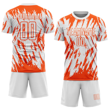 Custom White-Orange Splatter Torn Sharp Brush Stroke Sublimation Soccer Uniform Jersey