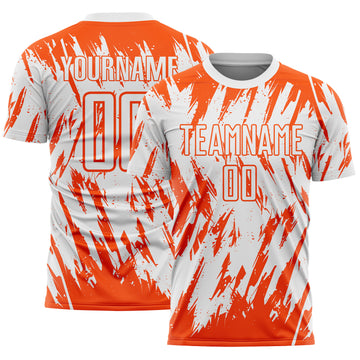 Custom White-Orange Splatter Torn Sharp Brush Stroke Sublimation Soccer Uniform Jersey