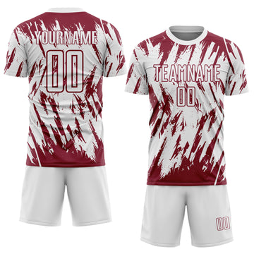 Custom White-Crimson Splatter Torn Sharp Brush Stroke Sublimation Soccer Uniform Jersey