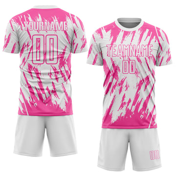 Custom White-Pink Splatter Torn Sharp Brush Stroke Sublimation Soccer Uniform Jersey