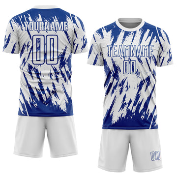 Custom White-Royal Splatter Torn Sharp Brush Stroke Sublimation Soccer Uniform Jersey