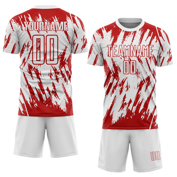 Custom White-Red Splatter Torn Sharp Brush Stroke Sublimation Soccer Uniform Jersey