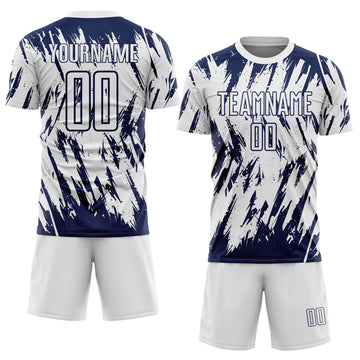 Custom White-Navy Splatter Torn Sharp Brush Stroke Sublimation Soccer Uniform Jersey