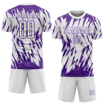 Custom White-Purple Splatter Torn Sharp Brush Stroke Sublimation Soccer Uniform Jersey
