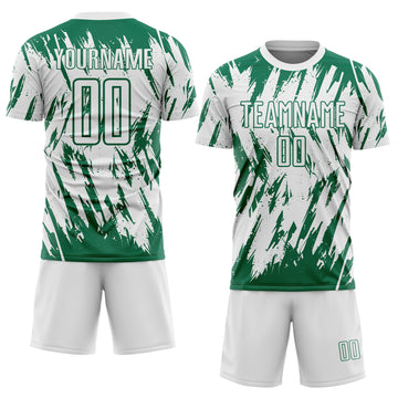 Custom White-Kelly Green Splatter Torn Sharp Brush Stroke Sublimation Soccer Uniform Jersey
