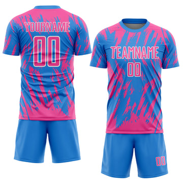 Custom Powder Blue Pink-White Splatter Torn Sharp Brush Stroke Sublimation Soccer Uniform Jersey