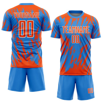 Custom Powder Blue Orange-White Splatter Torn Sharp Brush Stroke Sublimation Soccer Uniform Jersey