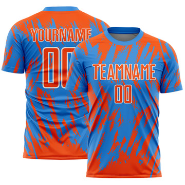 Custom Powder Blue Orange-White Splatter Torn Sharp Brush Stroke Sublimation Soccer Uniform Jersey