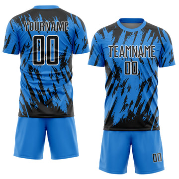 Custom Powder Blue Black-White Splatter Torn Sharp Brush Stroke Sublimation Soccer Uniform Jersey