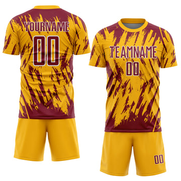 Custom Gold Crimson-White Splatter Torn Sharp Brush Stroke Sublimation Soccer Uniform Jersey