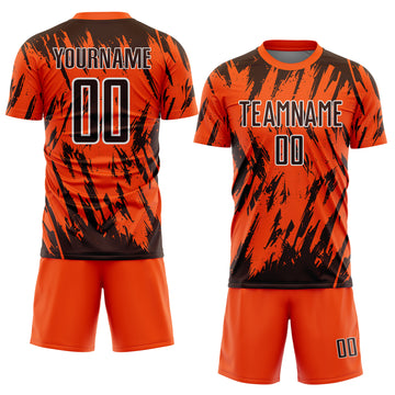 Custom Orange Brown-White Splatter Torn Sharp Brush Stroke Sublimation Soccer Uniform Jersey