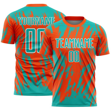 Custom Orange Aqua-White Splatter Torn Sharp Brush Stroke Sublimation Soccer Uniform Jersey