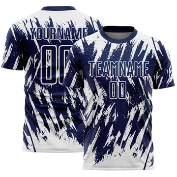 Custom Navy-White Splatter Torn Sharp Brush Stroke Sublimation Soccer Uniform Jersey