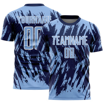 Custom Navy Light Blue-White Splatter Torn Sharp Brush Stroke Sublimation Soccer Uniform Jersey