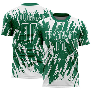 Custom Kelly Green-White Splatter Torn Sharp Brush Stroke Sublimation Soccer Uniform Jersey