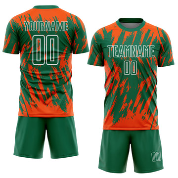 Custom Kelly Green Orange-White Splatter Torn Sharp Brush Stroke Sublimation Soccer Uniform Jersey