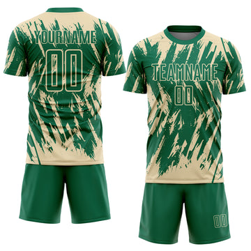 Custom Kelly Green-Cream Splatter Torn Sharp Brush Stroke Sublimation Soccer Uniform Jersey