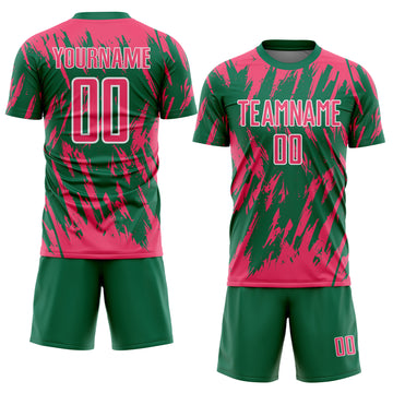 Custom Kelly Green Neon Pink-White Splatter Torn Sharp Brush Stroke Sublimation Soccer Uniform Jersey
