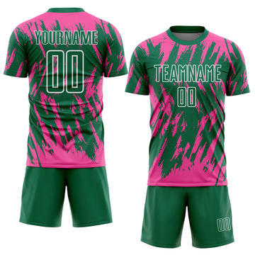 Custom Kelly Green Pink-White Splatter Torn Sharp Brush Stroke Sublimation Soccer Uniform Jersey