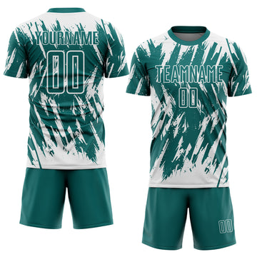 Custom Teal-White Splatter Torn Sharp Brush Stroke Sublimation Soccer Uniform Jersey