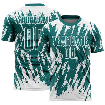 Custom Teal-White Splatter Torn Sharp Brush Stroke Sublimation Soccer Uniform Jersey