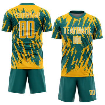 Custom Teal Gold-White Splatter Torn Sharp Brush Stroke Sublimation Soccer Uniform Jersey