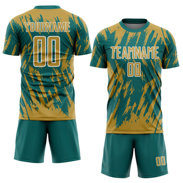 Custom Teal Old Gold-White Splatter Torn Sharp Brush Stroke Sublimation Soccer Uniform Jersey