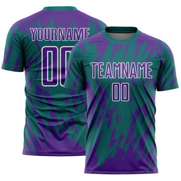 Custom Teal Purple-White Splatter Torn Sharp Brush Stroke Sublimation Soccer Uniform Jersey