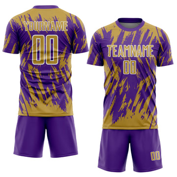 Custom Purple Old Gold-White Splatter Torn Sharp Brush Stroke Sublimation Soccer Uniform Jersey