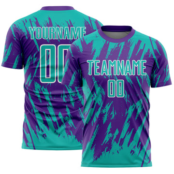 Custom Purple Aqua-White Splatter Torn Sharp Brush Stroke Sublimation Soccer Uniform Jersey